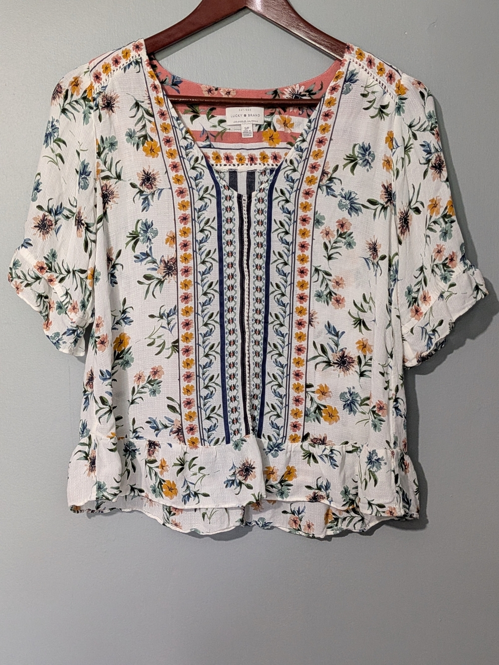 Lucky Brand Women's White Floral Peplum Blouse Prairie Fairy Romantic